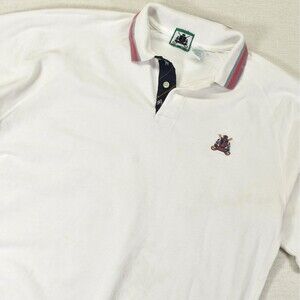 Vintage IZOD Polo Shirt Small S White Crest Logo Boxy Fit Striped Collar Novelty